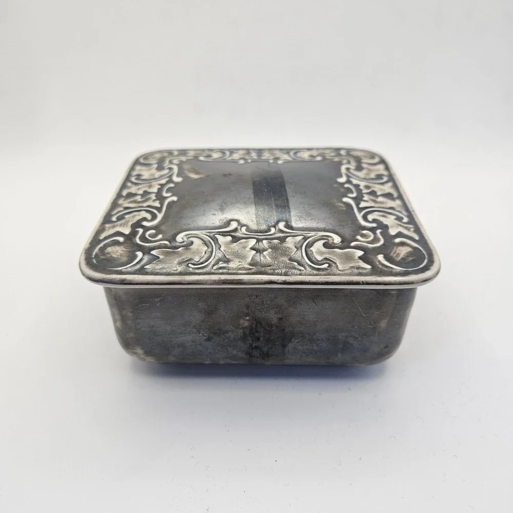 Vintage Hertel Jacob Bavaria Silver Overlay Trinket Box Square Porcelain